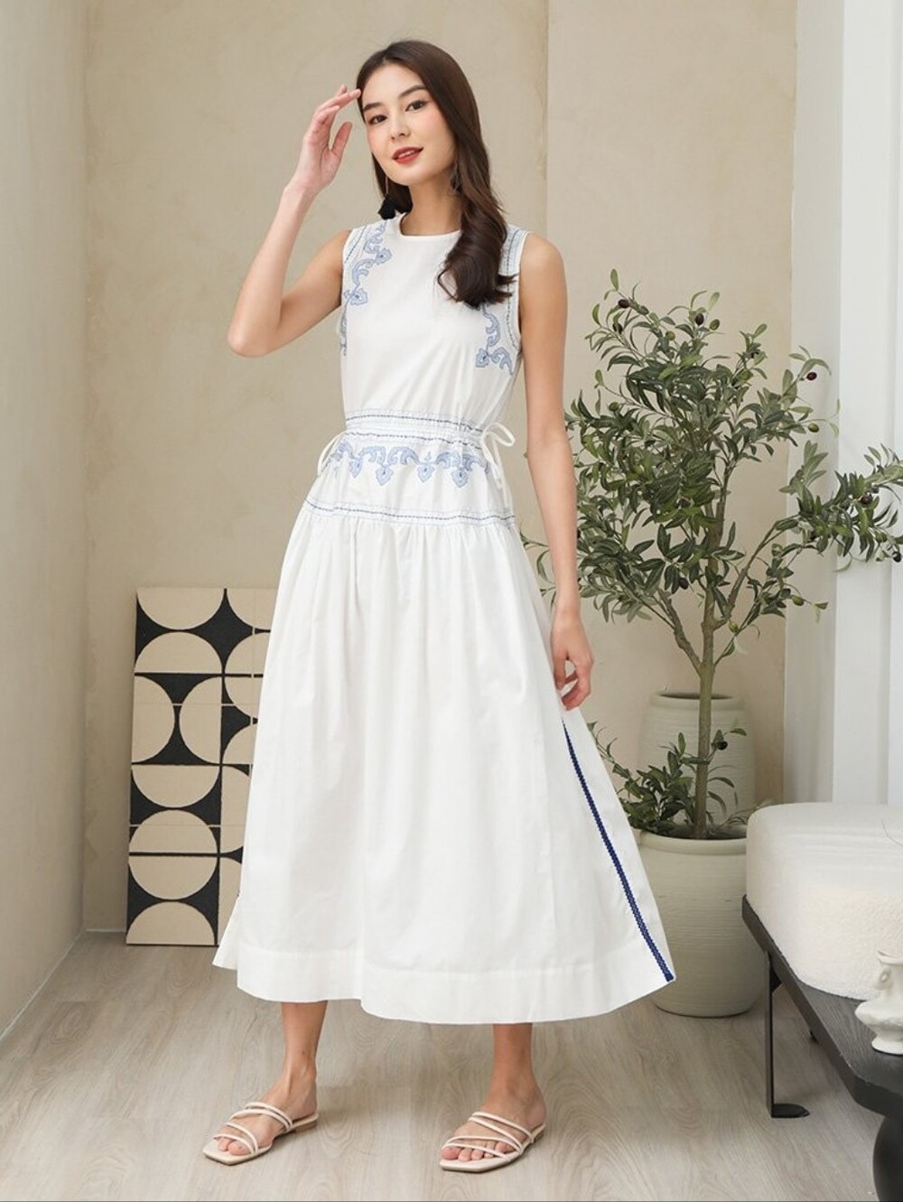 Zara Embroidered Cotton Cut-Out Maxi Dress - Size S